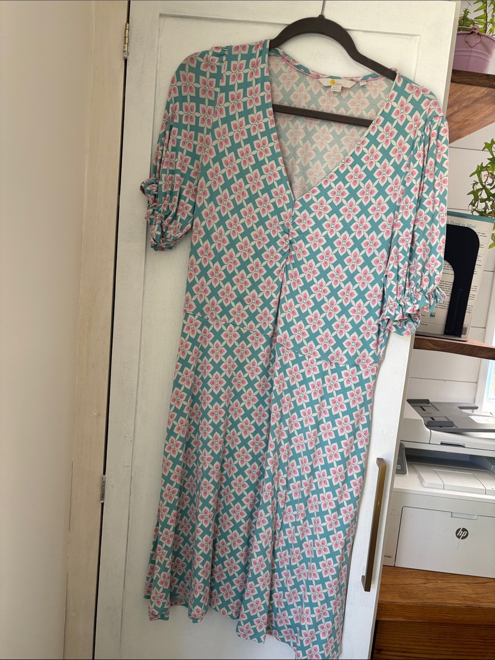 Boden Teal and Pink Geometric Print Dress